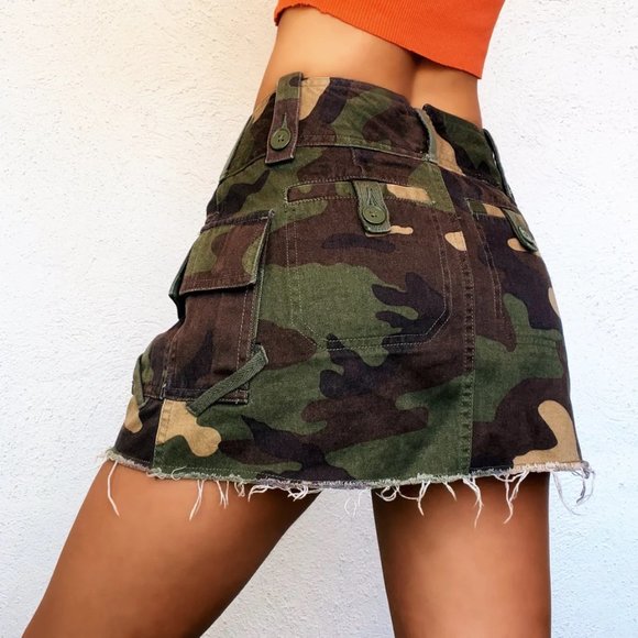*RARE* EUC Moda International Camo Cargo Mini Skirt Sz 12 Green Brown - Picture 2 of 10